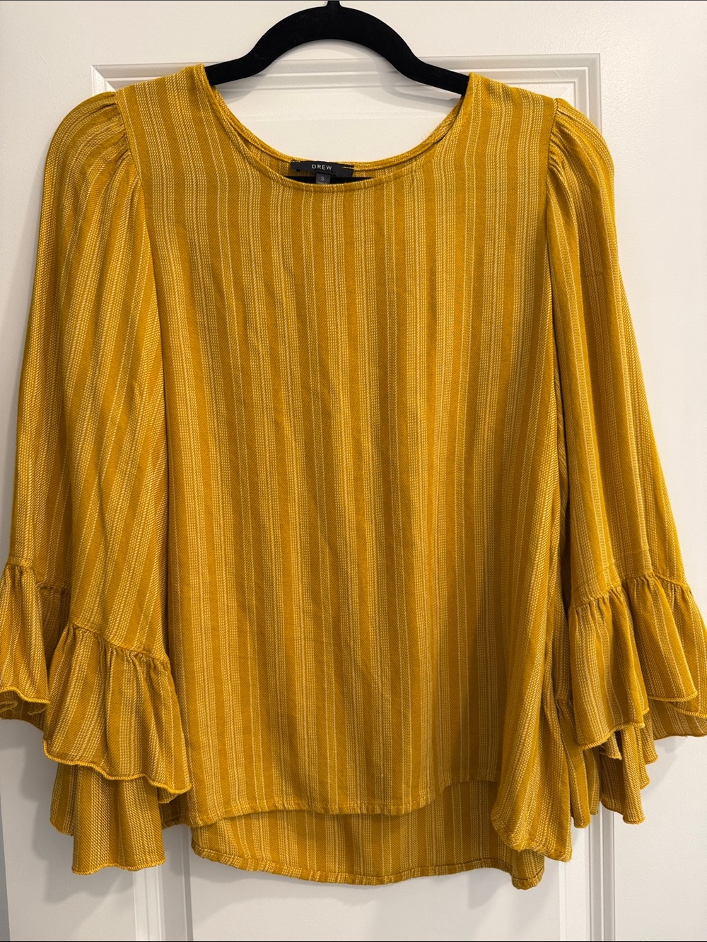 DREW Mustard Striped Ruffle Sleeve Blouse